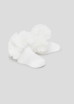 Organic cotton white bow socks and headband for baby girl.