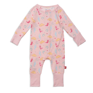First rodeo pink magnetic footie for baby girl