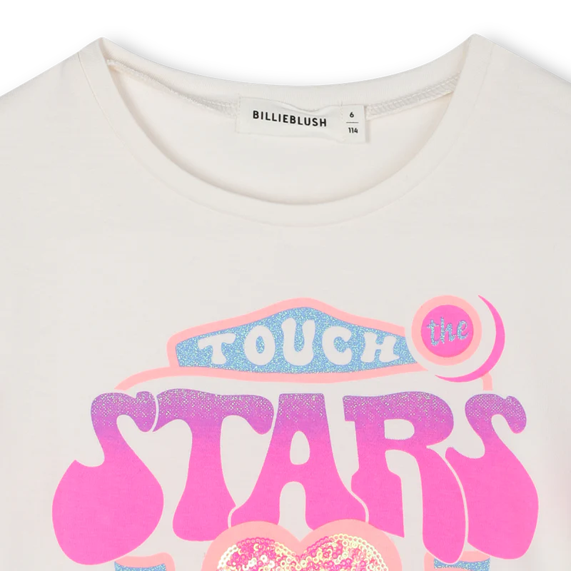 Ivory Cotton T-Shirt with Pink Slogan & Sequin Heart