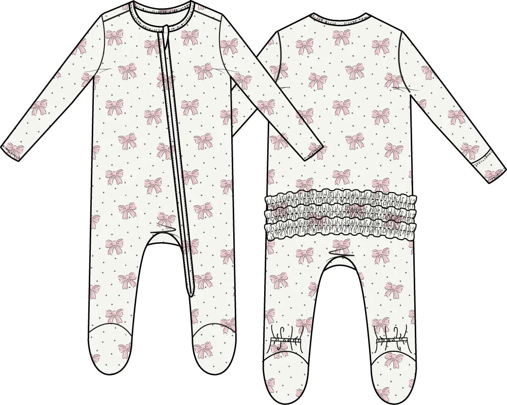 Bows & Hearts - 2 Way Ruffle Back Zipper Footie