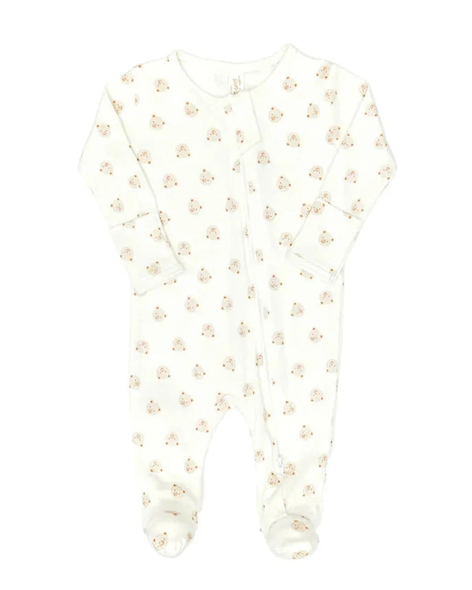 White baby onesie with small floral pattern on a white background