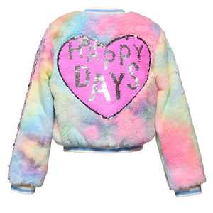 Tie Dye Faux Fur Bomber Jacket with Hearts