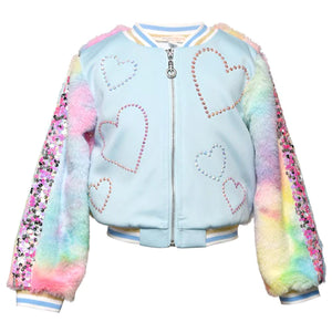 Tie Dye Faux Fur Bomber Jacket with Hearts
